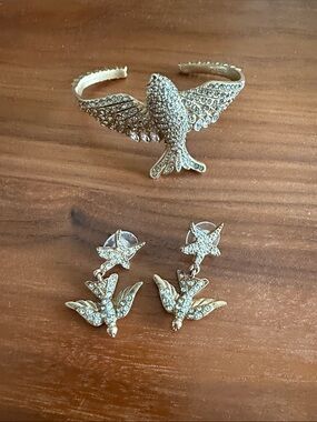 J. Crew Vintage Gold Bird Cuff Bracelet with Crystal Bird Drop Earrings